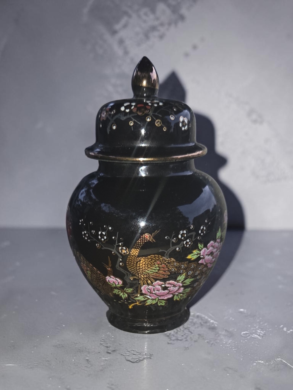 Vintage Black Porcelain Mini Ginger Jar with Gold Peacock Motif - Sato Gordon